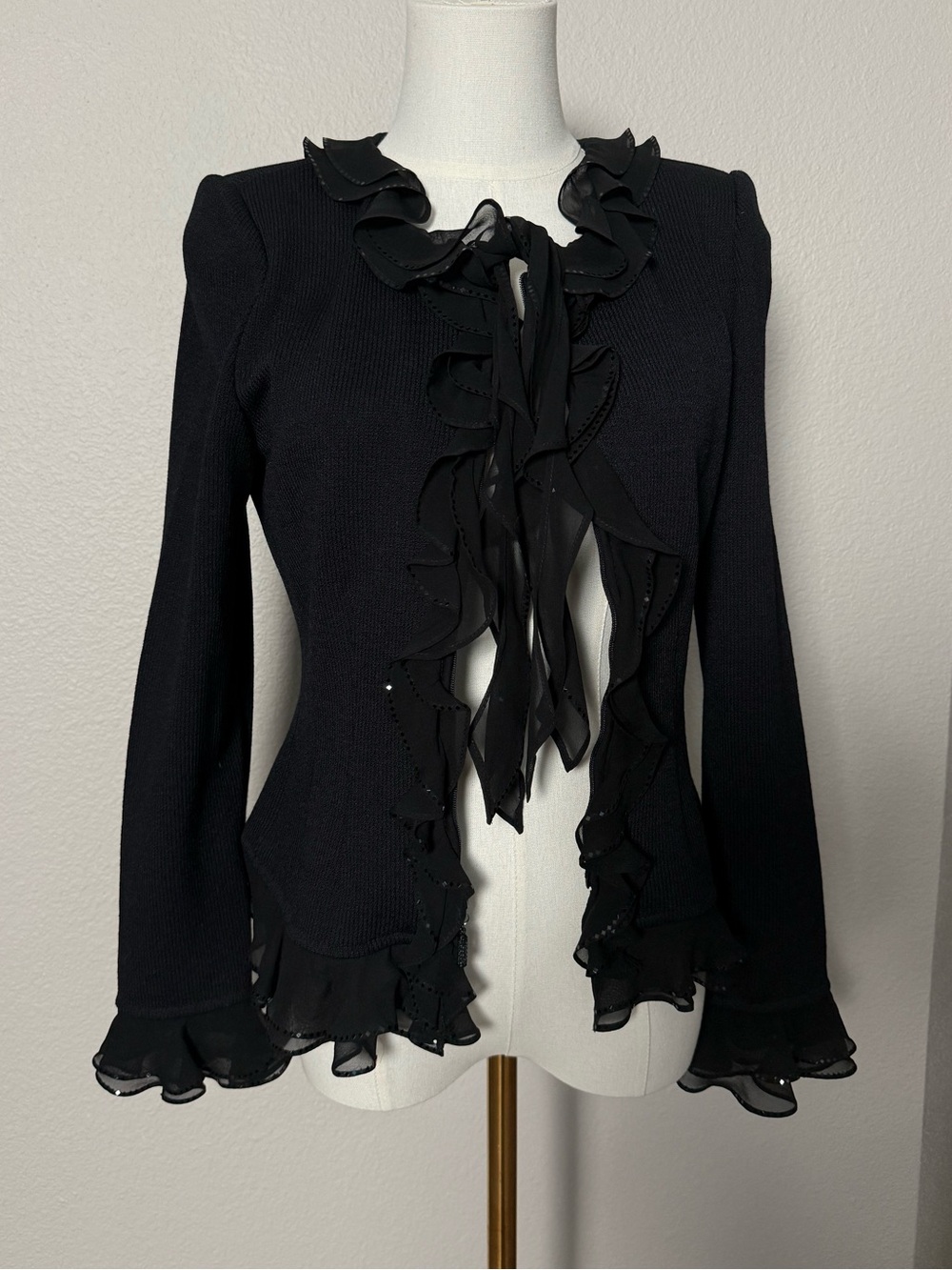 St. John Evening Y2K Black Ruffle Zip Cardigan Jacket Whimsigoth Dark Fairycore